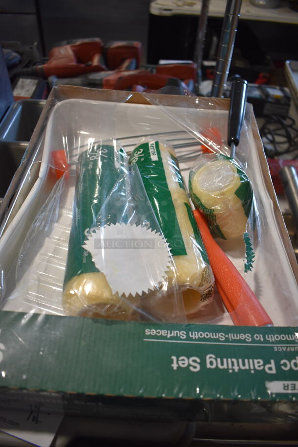 ALL ONE MONEY! Lot of Various Items Under Table Including Poly Silverware Bins, Painting Supplies and Plastic Lids - Image 6 of 12