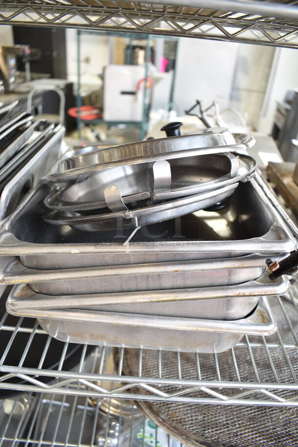 ALL ONE MONEY! Lot of 4 Tiers of Various Items Including Stainless Steel Drop In Bins, Pizza Screens, Stainless Steel Lids. Does Not Include Shelving Unit.  - Image 6 of 12