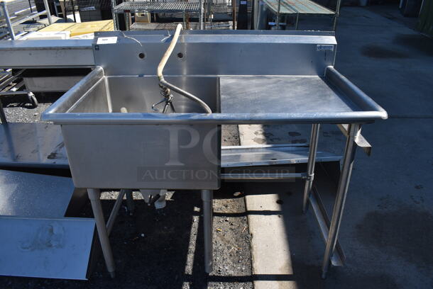 Stainless Steel Commercial Single Bay Sink w/ Right Side Drainboard, Faucet and Handles. 50x29x43. Bay 24x24x12. Drainboard 22x25x1