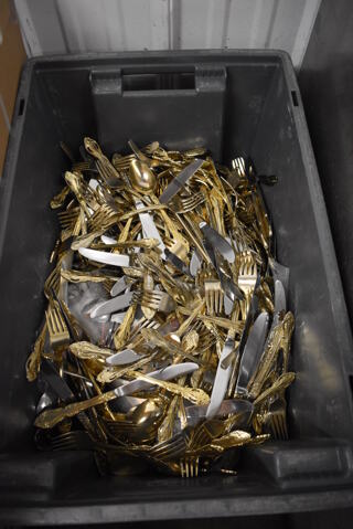 ALL ONE MONEY! Lot of Various Silverware Including Forks in Gray Poly Bin