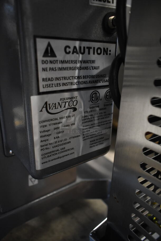 BRAND NEW SCRATCH AND DENT! 2023 Avantco 177MX40H Metal Commercial Floor Style 40 Quart Planetary Dough Mixer w/ Stainless Steel Mixing Bowl, Bowl Guard, Whisk, Dough Hook and Paddle Attachments. 240 Volts, 1 Phase.  - Image 10 of 10