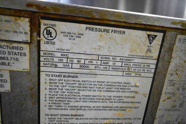 Henny Penny 600C Stainless Steel Commercial Floor Style Natural Gas Powered Pressure Fryer on Commercial Casters. 80,000 BTU.  - Image 9 of 9