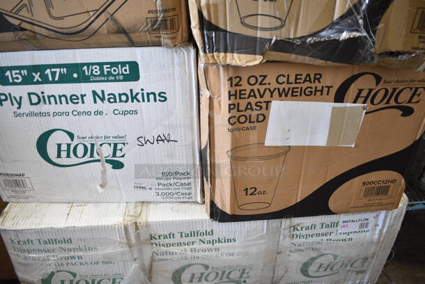 PALLET LOT of 23 BRAND NEW Boxes Including 3 Box 966TALLFLDN Choice Kraft Natural Tall-Fold 6" x 13" Dispenser Napkin - 8000/Case, 5002DNAP Choice White 2-Ply Dinner Napkin 17" x 15" - 3000/Case, 500CC12HD 12 oz. Plastic Cold Cup - 1000/Case, 500CC9 Choice 9 oz. Clear PET Customizable Plastic Squat Cold Cup - 1000/Case, 612605070 Choice Full Size Foil Steam Table Pan Deep 3 3/8" Depth - Full Size Deep - 50/Case, 610060 Brooklace Fluted Bake Cup, 39884291 Perfect Fry 84291 Air Filter Kit for PFA and PFC Ventless Deep Fryers, 4 Box 129MCR24B Choice 24 oz. Black Round Microwavable Heavy Weight Container with Lid 7 1/4" - 150/Case, 502404816CL Lavex 40-45 Gallon 16 Micron 40" x 48" High Density Janitorial Can Liner / Trash Bag - 250/Case, AMA009CLT23 Front of the House Gatsby 7 oz. Ice SAN Plastic Martini Glass - 12/Pack, HP2099 Imperial 2099 U' Shaped Burner. 23 Times Your Bid! - Image 3 of 12