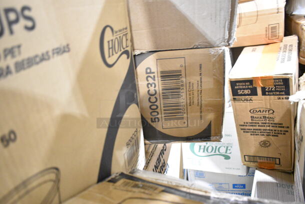 PALLET LOT of 24 BRAND NEW Boxes Including 90HT3 Dart Foam Containers, 16RCLBLK Dart Optima Black Travel Lid, 2 Box 500CC32P Plastic Cold Cup, 43312CUPC Choice 12-Cup Hinged PET Plastic Cupcake / Muffin Container, Choice Jumbo Straws, CH8DEF Dart ClearPAc SafeSeal Tamper-Resistant Hinged Container, BOL-SC-UBB-LF World Centric 32 oz. Compostable Fiber Burrito Bowl Lid - 300/Case, Garde 181ONBLD14 1/4" Blade Assembly for Onion Slicer - 2/Set, 795KFT24 Choice 24 oz. Rectangular Kraft PE-Lined Microwavable Take-Out Container 6 13/16" x 4 13/16" x 2 1/4" - 300/Case, 500CC9 Choice 9 oz. Clear PET Customizable Plastic Squat Cold Cup - 1000/Case, Dart 16J16 16 oz. White Customizable Foam Cup - 1000/Case, 128HD16COMBO ChoiceHD 16 oz. Microwavable Translucent Plastic Deli Container and Lid Combo Pack - 240/Case, 966TALLFLDN Choice Kraft Dispenser Napkin. 24 Times Your Bid!  - Image 12 of 12