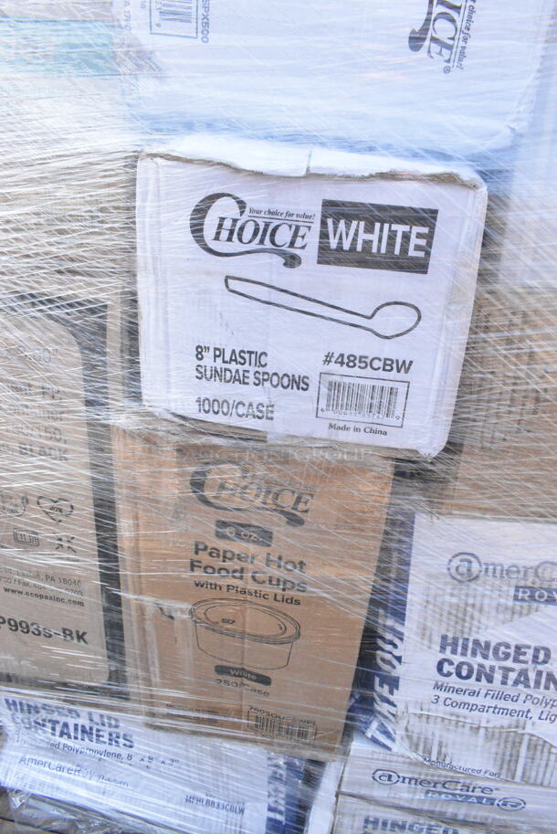 25 BRAND NEW Boxes Including 2 Box 395RP07 EcoChoice No PFAS Added Bamboo / Bagasse Blend 7" Plate - 1000/Case, MFHL8833CBLW Hinged Lid Containers, 2 Box Dart 90HTPF3R 9" x 9" x 3" White Foam Three-Compartment Square Take Out Container with Hinged Lid - 200/Case, 500CC20 Choice Clear PET Customizable Plastic Cold Cup - 20 oz. - 600/Case, 485CBW Choice 8" White Plastic Soda / Sundae Spoon - 1000/Case, 760SOUP6WPA Choice 6 oz Paper Hot Food Cups, 130BKFKSNSPX500 Choice Black Extra Heavy Weight Wrapped Plastic Cutlery Pack with Napkin and Salt and Pepper Packets - 500/Case, 5002BNAPWH Choice 2-Ply White Beverage / Cocktail Napkin - 3000/Case, 395RP06PF BAMBOO 9" ROUND PLATE 500/CS, 129MCR32B Choice 32 oz. Black Round Microwavable Heavy Weight Container with Lid 7 1/4" - 150/Case, 500CC10 Choice 10 oz. Clear PET Plastic Cold Cup - 1000/Case, Dart ClearPac SafeSeal 8 oz. Tamper-Resistant, Tamper-Evident Hinged Container with Flat Lid - 200/Case, 394325L Noble NexGen Powder-Free Disposable Blue Hybrid 3 Mil Thick Gloves - Large - 1000/Case, 4 Box 394345M Noble NexGen Powder-Free Disposable Black Hybrid 3 Mil Thick Gloves - Medium - 1000/Case. 25 Times Your Bid!  - Image 9 of 12