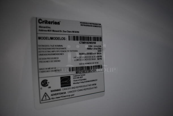 Criterion CTMR182WD1W Metal Cooler Freezer Combo Unit. 115 Volts, 1 Phase. 30x29x66.5. Tested and Working! - Image 8 of 8