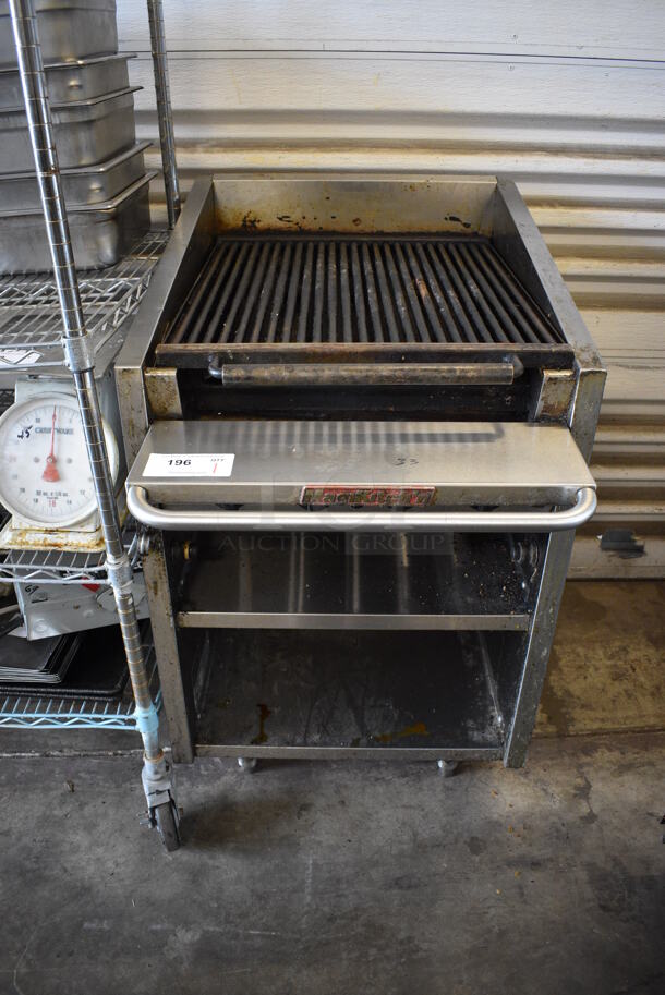 MagiKitch'n Stainless Steel Commercial Floor Style Gas Powered Charbroiler Grill w/ Under Shelves. 24.5x36x40
