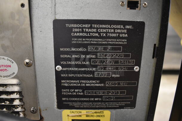 2 2013 Turbochef Encore 2 Metal Commercial Electric Powered Rapid Cook Ovens on Stainless Steel Double Stack Equipment Stand w/ Commercial Casters. 208/240 Volts, 1 Phase. 30x30x60. 2 Times Your Bid! Tested and Working! - Image 9 of 9