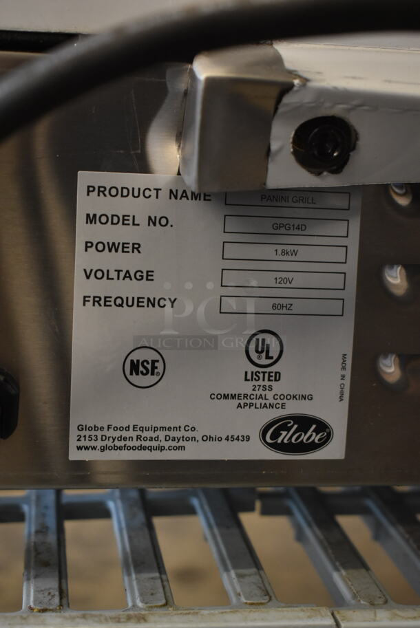 BRAND NEW SCRATCH AND DENT! 2023 Globe GPG14D Stainless Steel Commercial Countertop Electric Powered Panini Press. 120 Volts, 1 Phase. Tested and Working! - Image 7 of 7
