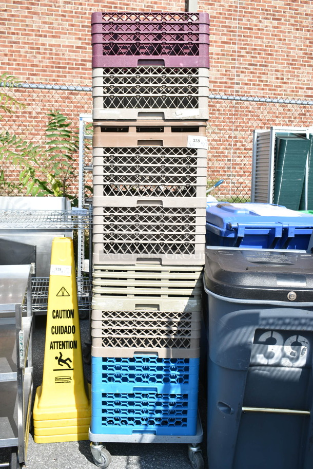 ALL ONE MONEY! Lot of 10 Various Poly Dish Racks on Metal Dish Rack Dolly.  - Image 1 of 11