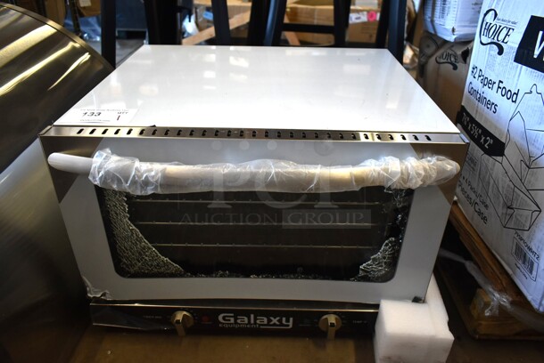 BRAND NEW SCRATCH AND DENT! Galaxy 177COE3H Stainless Steel Commercial Countertop Electric Powered Half Size Convection Oven. See Pictures for Broken Glass Door. 120 Volts, 1 Phase. Tested and Working!