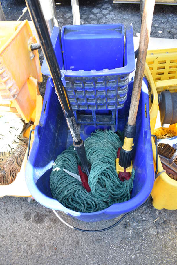 3 Various Poly Mop Buckets w/ Wringing Attachment and Mop on Commercial Casters; 2 Yellow and 1 Blue. Includes 16x22x35. 3 Times Your Bid! - Image 6 of 7