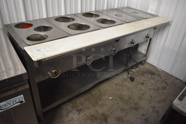 Duke E305 M Stainless Steel Commercial Electric Powered 5 Bay Steam Table w/ Cutting Board and Under Shelf. 208 Volts, 1 Phase. 72x29.5x33