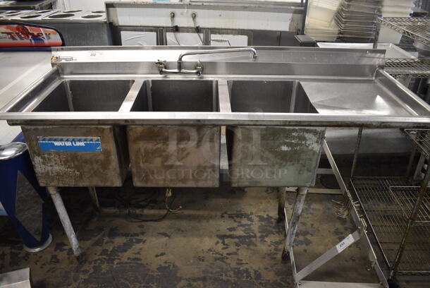 Stainless Steel Commercial 3 Bay Sink w/ Right Side Drainboard, Faucet and Handles. 75x26x44. Bays 16x21x13. Drainboard 18x23x1