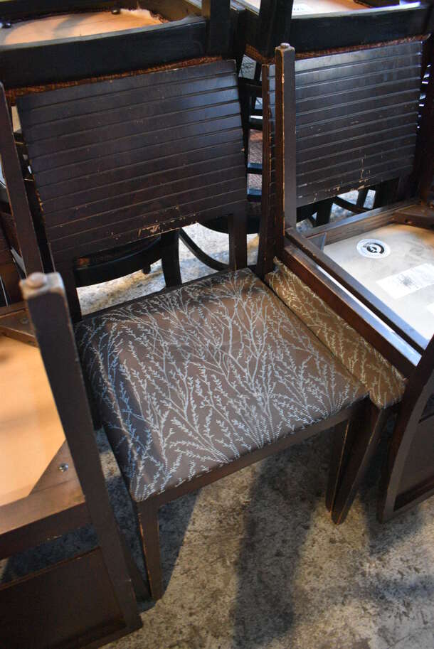 4 Wooden Dining Chairs w/ Brown and Blue Patterned Seat Cushion. 18x18x35. 4 Times Your Bid! - Image 2 of 5