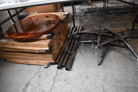 8 BRAND NEW IN BOX! Copper Colored Round Tabletops w/ 4 Metal X Table Base and 4 Metal Table Base Chute. 30x30x1.5. 8 Times Your Bid!