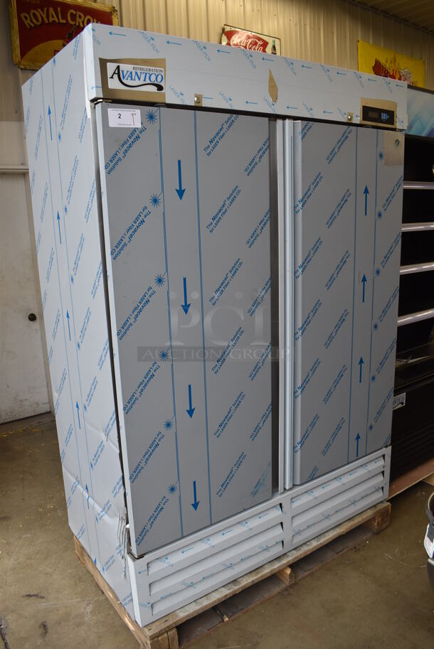 BRAND NEW SCRATCH AND DENT! 2022 Avantco 447AP49R Stainless Steel Commercial 2 Door Reach In Cooler w/ Poly Coated Racks. 115 Volts, 1 Phase. 54x31x79. Tested and Working! - Image 1 of 9