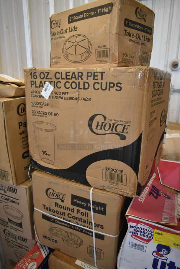 PALLET LOT of 30 BRAND NEW Boxes Including 760SOUP8WPL Choice 8 oz. White Double Poly-Coated Paper Food Cup with Vented Plastic Lid - 250/Case, 3 Box 128HD8BULK ChoiceHD 8 oz. Microwavable Translucent Plastic Deli Container - 480/Case, 500CC16 Choice Plastic Cold Cup, 612527PCO Choice 7" Round Standard Weight Foil Take-Out Pan with Dome Lid - 200/Case, 612P558 Choice 8" Clear Round Plastic Dome Lid - 500/Case, 160TCPR83WH Choice 83" Round White 100% Spun Polyester Hemmed Cloth Table Cover, 2 Box 128HDLDBULK ChoiceHD Microwavable Translucent Plastic Deli Container Lid - 480/Case, 37T019 Libbey 9" Plates, 500TW35 Choice 3.5 oz. Translucent Thin Wall Plastic Cold Cup - 2500/Case, 394365L Noble Products Powder-Free Disposable Clear Vinyl Gloves for Foodservice - Large - 1000/Case, 245CB12PLN Choice 12" x 12" x 2" Kraft Customizable Corrugated Plain Pizza Box - 50/Case, 500PMGREEKBL Choice 10" x 14" Greek Key Blue Placemat - 1000/Case, 129MCS24W Choice 24 oz. White 8" x 5 1/4" x 2" Rectangular Microwavable Heavy Weight Container with Lid - 150/Case, 347TCL7 CUP 7OZ TUMBLER CL 500 CHOICE, 2 Box 129MCR32B Choice 32 oz. Black 7 1/4" Round Microwavable Heavy Weight Container with Lid - 10/Pack, 760SOUP12WP Choice 12 oz. White Double Poly-Coated Paper Food Cup with Vented Plastic Lid - 250/Case. 30 Times Your Bid! - Image 3 of 12