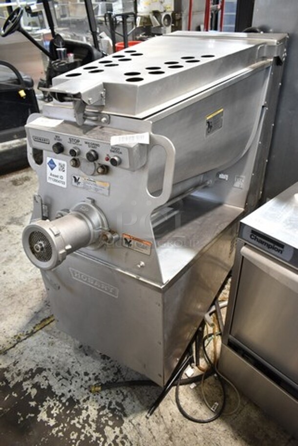 2016 Hobart MG2032 Metal Commercial Floor Style Electric Powered Meat Mixer Grinder w/ Foot Pedal on Commercial Casters. 208 Volts, 3 Phase. Tested and Working!