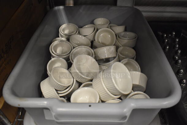 ALL ONE MONEY! Lot of Various White Ceramic Ramekins in Gray Poly Bus Bin