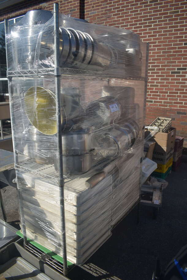 ALL ONE MONEY! Lot of Items Including Open Utility Shelf With Metro Style Shelving On Galvanized Legs, Steel Bins In Variety of Sizes, Steel Pots, Baking Trays, Baking Sheets, AND MORE!  BUYER MUST DISMANTLE. PCI CANNOT DISMANTLE FOR SHIPPING. PLEASE CONSIDER FREIGHT CHARGES. - Image 4 of 5