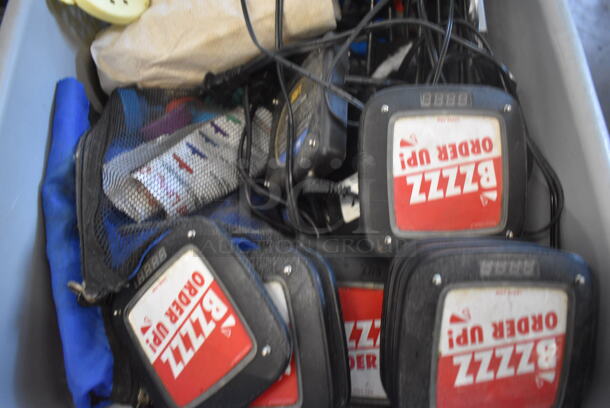 ALL ONE MONEY! Lot of Various Items Including 8 Table Buzzers, Charging Base and Gloves in Gray Poly Bus Bin - Image 3 of 5