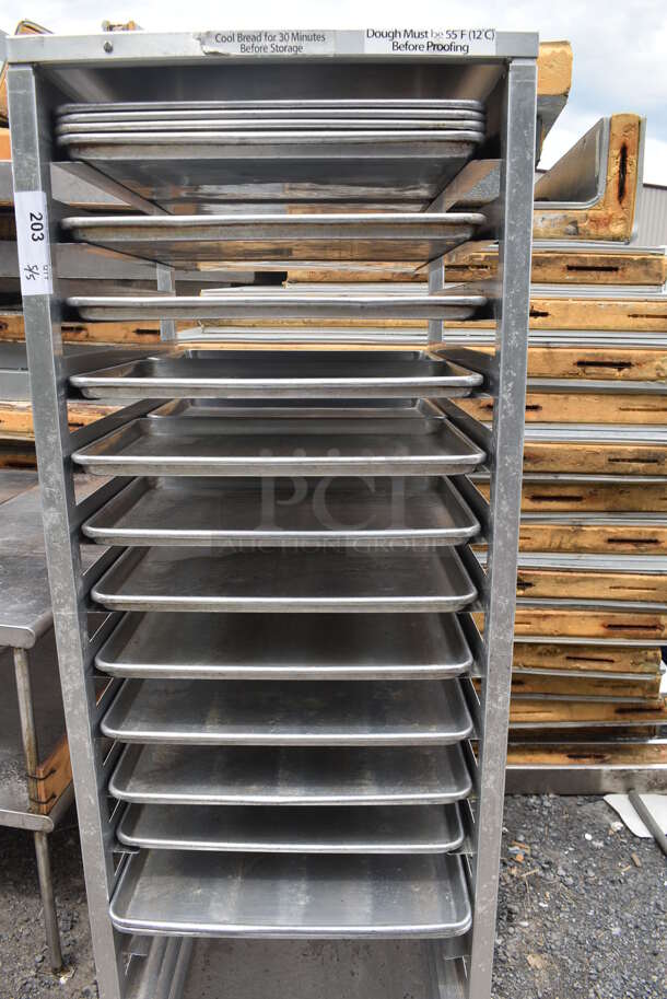 Metal Commercial Pan Transport Rack w/ 26 Full Size Metal Baking Pans on Commercial Casters. - Image 6 of 7
