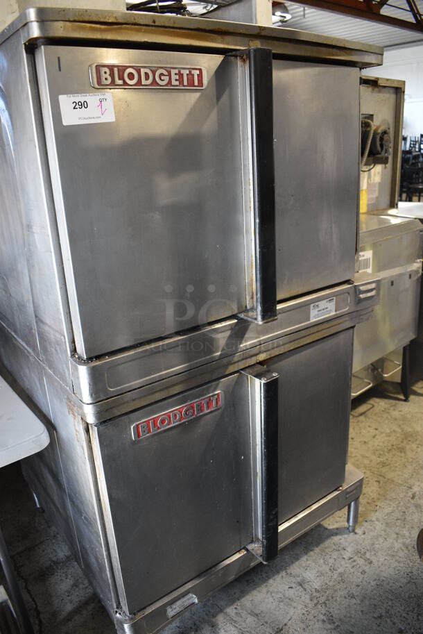 2 Blodgett Stainless Steel Commercial Gas Powered Full Size Convection Ovens w/ Solid Doors, Metal Oven Racks and Thermostatic Controls. 208-220 Volts. 38.5x39x64.5. 2 Times Your Bid!