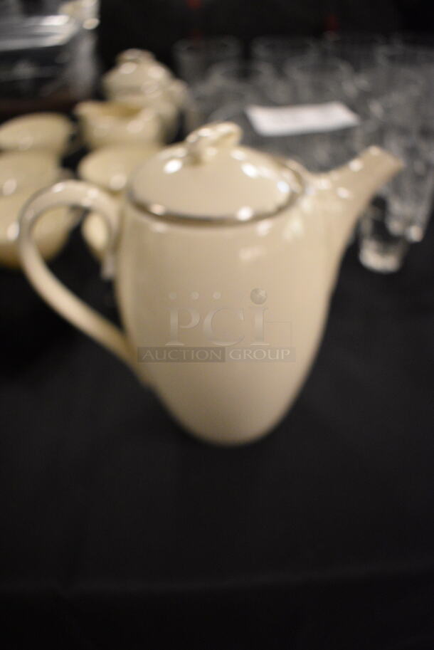 ALL ONE MONEY! Lot of Lenox Olympia PL X-303P Ivory Tea Cups, Teapot With Lid, Cream Teapot, and Sugar Bowl With Lid - Image 6 of 6