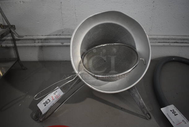 4 Various Metal Items; Strainer, China Cap Strainers and Sauce Pan. Includes 16x10.5x11. 4 Times Your Bid!