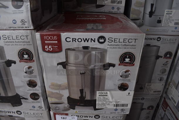 4 BRAND NEW IN BOX! Crown Select Focus Model FCMLA055 Metal Automatic Coffeemakers. 4 Times Your Bid!