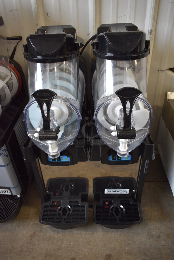 BRAND NEW! Narvon Model AURORA 2 Metal Commercial Countertop 2 Hopper Slushie Machine. Each Hopper Has 1.6 Gallon Capacity. 120 Volts, 1 Phase. 17x22x30. Tested and Powers On But Does Not Get Cold