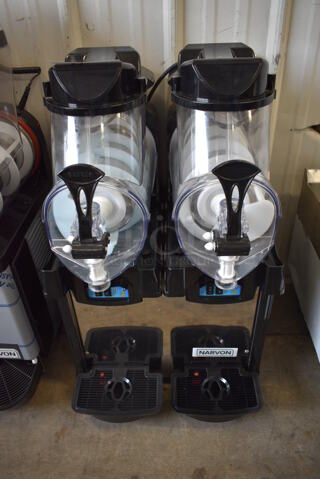 BRAND NEW! Narvon Model AURORA 2 Metal Commercial Countertop 2 Hopper Slushie Machine. Each Hopper Has 1.6 Gallon Capacity. 120 Volts, 1 Phase. 17x22x30. Tested and Powers On But Does Not Get Cold