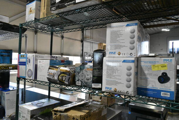 9 IN ORIGINAL BOX! Items Including Pyle Wakeboard Subwoofer Speaker System, NutriChef Crepe Maker, Lanzar AQ5CXW 5.25" 2-Way Marine Speakers Water Resistant White, Pyle PLG69.8 Eight Way Speakers, Masingo Karaoke Machine, Pyle PL84Bl Blue Label, Sun Ninja Sun Protection Tent. 9 Times Your Bid!  - Image 1 of 11