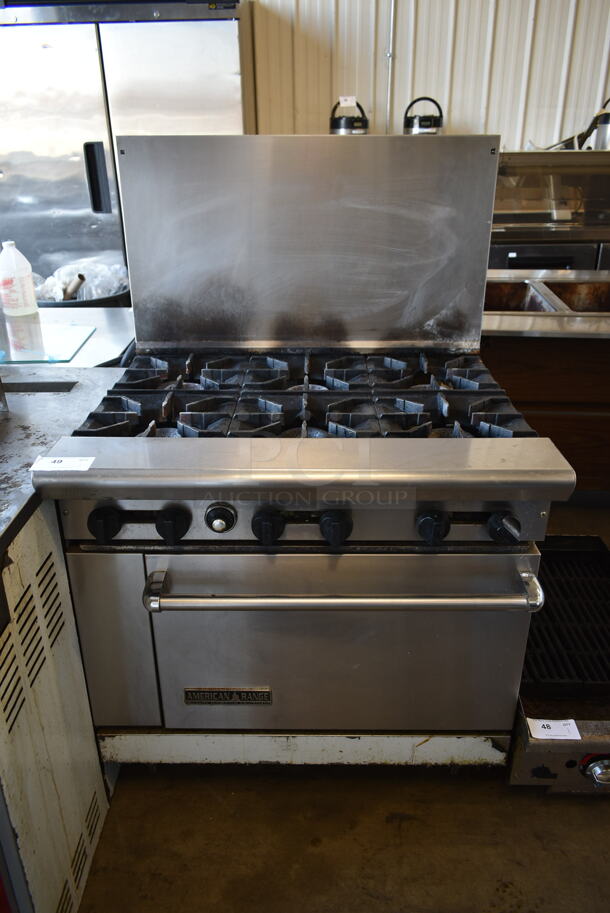 American Range AR-6 Stainless Steel Commercial Natural Gas Powered 6 Burner Ranger w/ Oven and Back Splash.