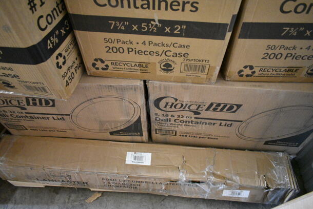 PALLET LOT of 30 BRAND NEW Boxes Including 3 Box 795PTOKFT1 Choice 4 5/8" x 3 1/2" x 2 1/2" Kraft Microwavable Folded Paper #1 Take-Out Container - 450/Case, 2 Choice Deli Container Lids, 280SHOOTNEON Choice 5 5/8" Neon Plastic Test Tube Shot / Shooter with Assorted Colors - 1000/Case, 164UMBAL06TC Umbrella, 612527PCO Choice 7" Round Standard Weight Foil Take-Out Pan with Dome Lid - 200/Case, Strawberry Street Dinner Set, 164IMBSS75CM Umbrella. 30 Times Your Bid!  - Image 6 of 12