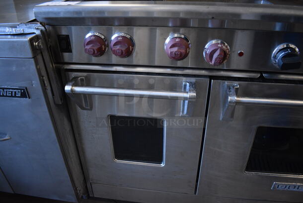 Wolf Stainless Steel Commercial Natural Gas Powered 4 Burner Range w/ Flat Top, Charbroiler, Convection Oven, Warmer, Over Shelf and Back Splash. 48x28x57 - Image 5 of 11