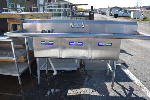 Stainless Steel Commercial 3 Bay Sink w/ Dual Drain Boards, Faucet, Handles and Spray Nozzle Attachment. 90x27x45. Bays 18x21x14. Drain Boards 16x23x1 - Image 2 of 6