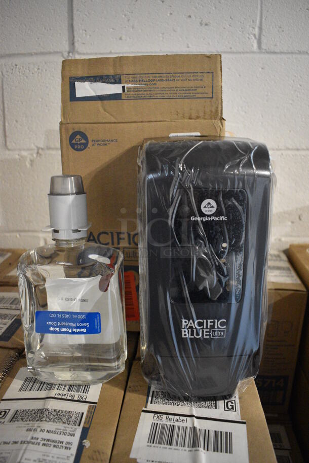 4 BRAND NEW IN BOX! Georgia Pacific Poly Pacific Blue Wall Mount Soap Dispenser w/ Bottle of Gentle Foam Soap. 5x5x11. 4 Times Your Bid!