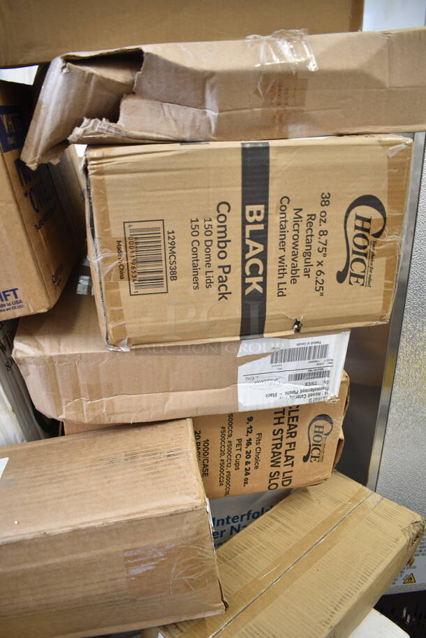PALLET LOT of 34 BRAND NEW Boxes Including 105GC36321 Choice 1 Part Green and White Guest Check with Bottom Guest Receipt - 50/Case, 176WDBASE Acopa Wood Stand for Glass Beverage Dispensers, 2 Box 394365L Noble Large Gloves, 3 Box 128HD16COMBO ChoiceHD 16 oz. Microwavable Translucent Plastic Deli Container and Lid Combo Pack - 240/Case, 500TW7 Choice 7 oz. Translucent Thin Wall Plastic Cold Cup - 2500/Case, 760PCC03W Choice 3 oz. White Poly Paper Cold Cup - 5000/Case, 2 Box 500MFT Lavex White M-Fold (Multifold) Towel - 4000/Case, 177KNIFESHRP Galaxy KNIFESHRP 2-Stage Standard-Duty Electric Knife Sharpener, 127CH24 Choice 24 oz. Clear RPET Hinged Deli Container - 200/Case, 500CC10 Choice 10 oz. Clear PET Plastic Cold Cup - 1000/Case, 322UF4911 Noble Products 3" Use First Removable Round Label with Dispenser Carton - 500/Roll, 129MCS38B Choice 38 oz. Black Rectangular Microwavable Heavy Weight Container with Lid 8 3/4" x 6 1/4" x 2" - 150/Case, 347RPBD9WHSV Visions 9" White Plastic Plate with Silver Bands - 120/Case, 394345XL Noble NexGen Powder-Free Disposable Black Hybrid 3 Mil Thick Gloves - 1000/Case. 34 Times Your Bid!  - Image 12 of 12