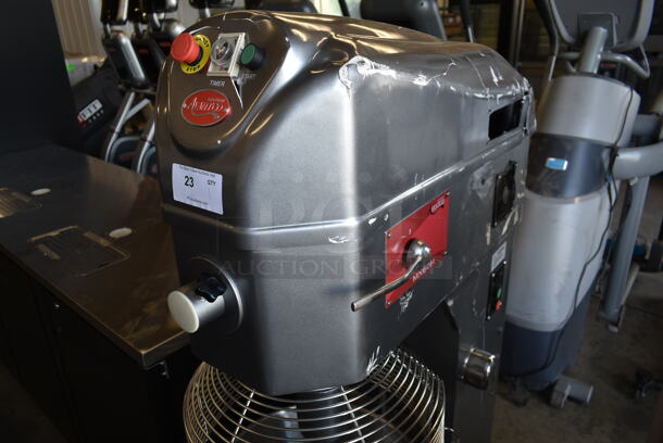 BRAND NEW SCRATCH AND DENT! Avantco MX60H Metal Commercial Floor Style 60 Quart Planetary Dough Mixer w/ Stainless Steel Mixing Bowl, Bowl Guard, Dough Hook, Paddle and Whisk Attachment. 240 Volts, 3 Phase.  - Image 2 of 12