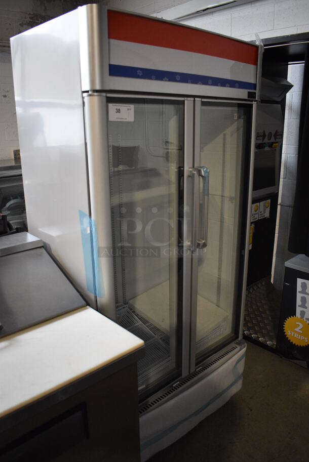 BRAND NEW! Premium Levella Model PRN165DX Metal Commercial 2 Door Reach In Cooler Merchandiser w/ Poly Coated Racks. 115 Volts, 1 Phase. 35x23x73. Tested and Working! - Image 3 of 7