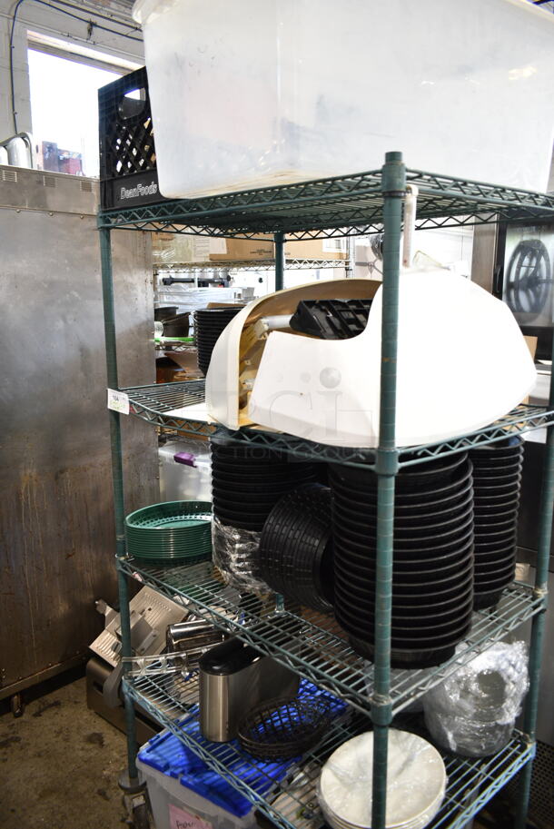 ALL ONE MONEY! Five Tier Lot of Various Items Including Poly Food Baskets, Ecolab Bug Zapper. Does Not Include Shelving Unit. - Image 1 of 12