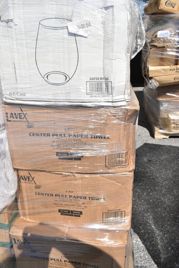 PALLET LOT of 44 BRAND NEW Boxes Including 2 Box 5002DNAPBLK Choice 15" x 17" Black Customizable 2-Ply Paper Dinner Napkin - 1000/Case, 795PTOWHT4 Choice White Microwavable Folded Paper #4 Take-Out Container 7 3/4" x 5 1/2" x 3 1/2" - 160/Case, 347SLWG16 Visions 16 oz. Heavy Weight Clear Plastic Stemless Wine Glass - 64/Case, 2 Box 5002CPTE Lavex 2-Ply White Center Pull Paper Towel 510' Roll - 6/Case, 433NHT004 Choice 1/5 Large Size White Heavy-Duty Unprinted Plastic T-Shirt Bag - 500/Case, 2 Box 395SP06PF EcoChoice No PFAS Added 6" x 6" Natural Bagasse Blend Square Plate - 400/Case, Bakers Lane Pie Pan, 2 Box 500PMGREEKGD Choice 10" x 14" Greek Key Gold Placemat - 1000/Case, 612W45 Choice 10 3/4" x 14" Insulated Foil Sandwich Wrap Sheets - 2000/Case, 128HDLDBULK ChoiceHD Microwavable Translucent Plastic Deli Container Lid - 480/Case, 795KFT44RNPLA EcoChoice 44 oz. Round Kraft Bio-Lined Compostable Take-Out Container 2 5/8" x 7 5/16" - 300/Case. 44 Times Your Bid!  - Image 8 of 12