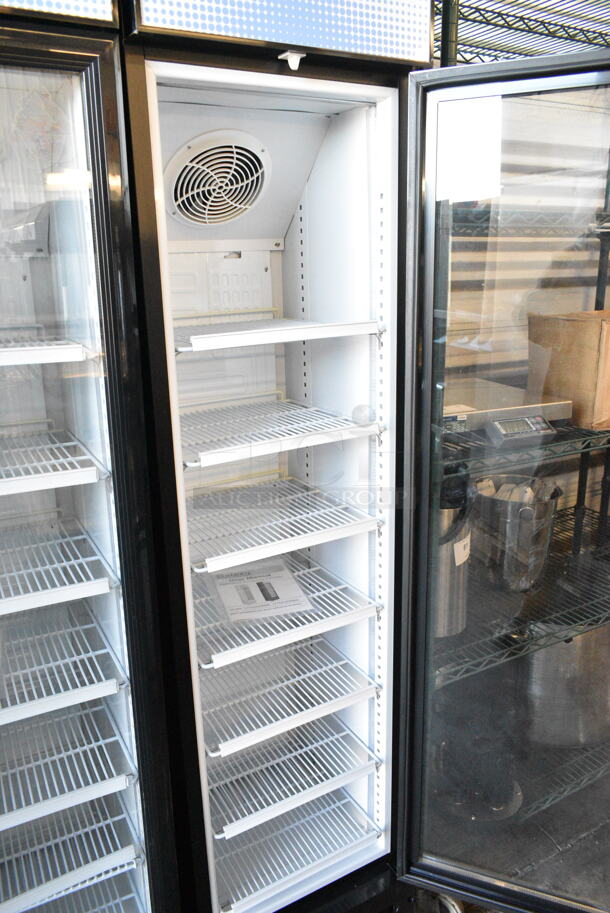 BRAND NEW SCRATCH AND DENT! Galaxy 177GDN5RBB Metal Commercial Single Door Reach In Cooler Merchandiser w/ Poly Coated Racks and Red, White, and Blue LED Lighting. 110-120 Volts, 1 Phase. Tested and Working! - Image 3 of 7
