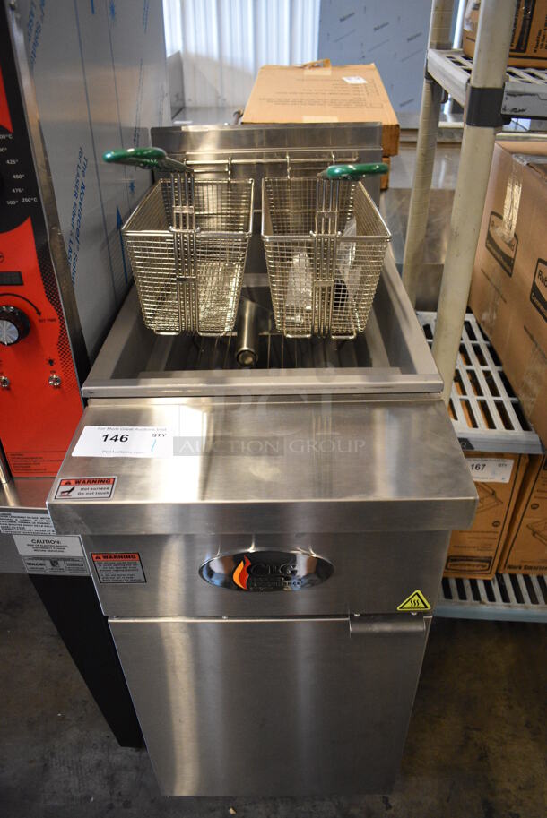 2021 CPG 351FFOP40N Stainless Steel Commercial Floor Style Natural Gas Powered Deep Fat Fryer w/ 2 Metal Fry Baskets. 90,000 BTU. Unit Was Only Used Once! 15.5x33x43. Tested and Working!