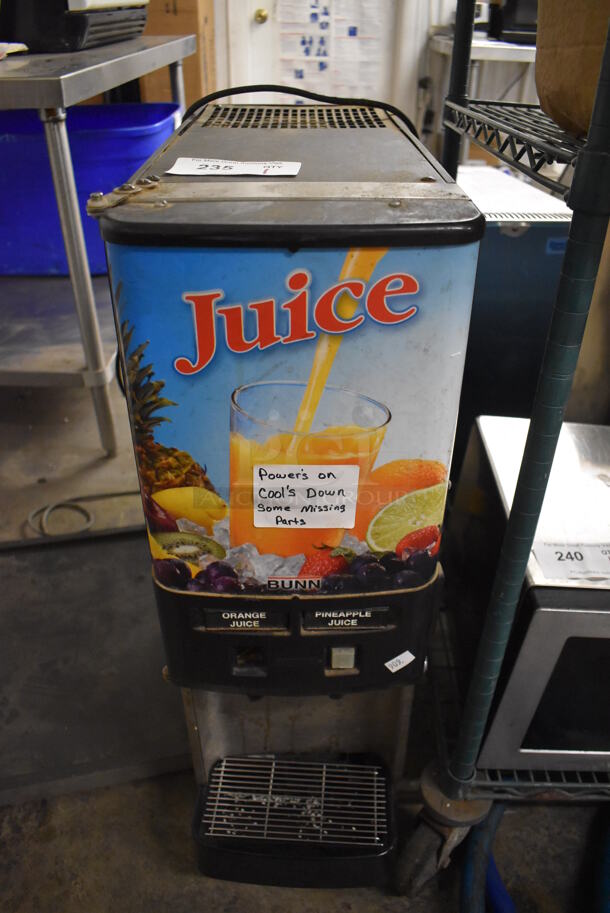 2011 Bunn JDF-2S Metal Commercial Countertop 2 Flavor Juice Dispenser. 120 Volts, 1 Phase. 10x25x33.5. Tested and Powers On But Does Not Get Cold
