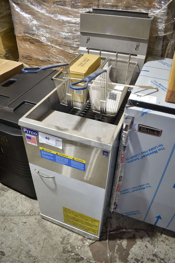 BRAND NEW! 2021 Pitco Frialator 45C Stainless Steel Commercial Floor Style Natural Gas Powered Deep Fat Fryer w/ 2 Metal Fry Baskets. 122,000 BTU.  - Image 3 of 9