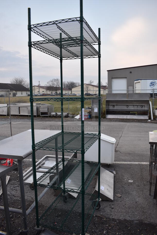 Green Finish 6 Tier Wire Shelving Unit on Commercial Casters. BUYER MUST DISMANTLE. PCI CANNOT DISMANTLE FOR SHIPPING. PLEASE CONSIDER FREIGHT CHARGES. 30x21x92