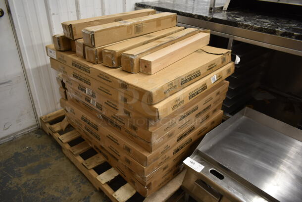PALLET LOT of 10 BRAND NEW IN BOX! Lancaster Table & Seating 3492424ANTWT 24"x30" Solid Wood Live Edge Tabletop and 18 164TCLWDWTOU Antique White Wash Standard Height Table Legs. - Image 1 of 9